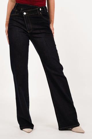 Wide leg jeans schuine knoop donker blauw - Regan