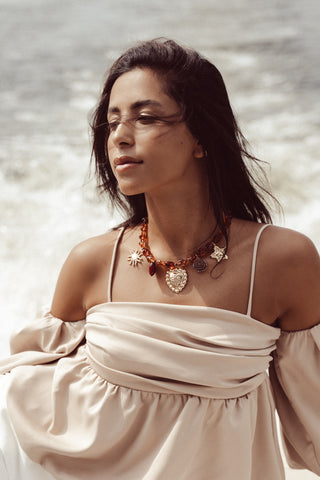 Kralen ketting met hangers bruin/goud - Lizzy