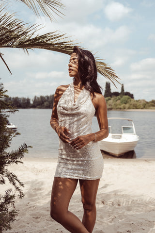 Halter jurk pailletten beige - Romee