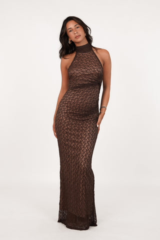 Kanten maxi jurk hoge hals bruin - Quincy