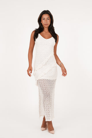 Maxi jurk kant met ruffles creme - Leigh