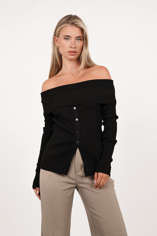 Off shoulder top knopen zwart - Harlow