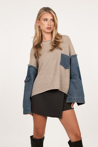 Oversized trui met denim details beige - Lena