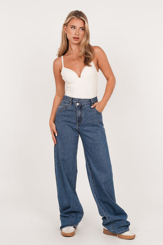 Tall wide leg jeans schuine knoop blauw - Selena