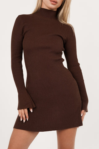 A-lijn jurkje met ribstof bruin - Joya