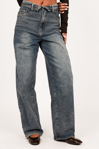 Balloon fit jeans met omgeslagen taille blauw - Moa