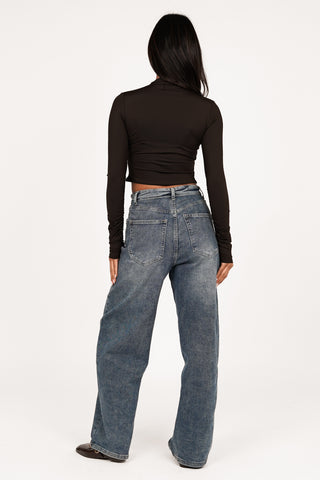 Balloon fit jeans met omgeslagen taille blauw - Moa