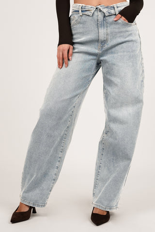 Balloon fit jeans met omgeslagen taille blauw - Clover