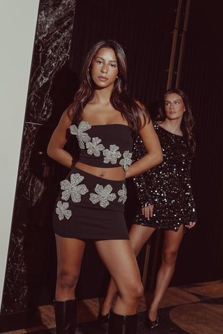 Bandeau top met diamant bloemen zwart - Wendy