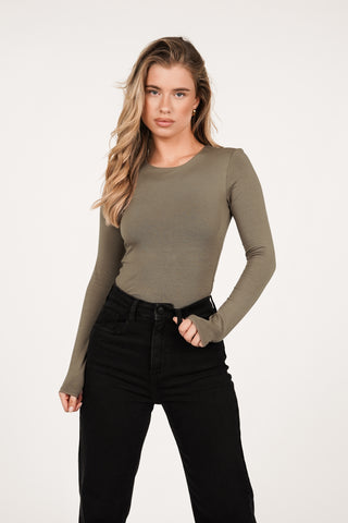 Basic top met lange mouwen donker taupe - Zia