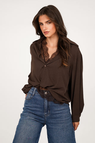 Blouse dames wijd met kant bruin - Cyril