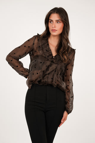 Blouse met stippen en ruffles bruin - Cleo