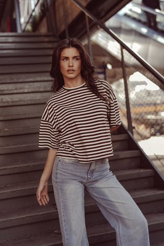 Boxy t-shirt gestreept beige/bruin - Zenna