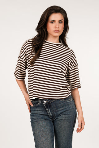 Boxy t-shirt gestreept beige/bruin - Zenna