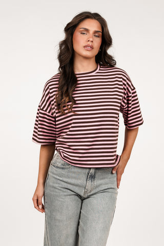 Boxy t-shirt gestreept roze/bruin - Zenna