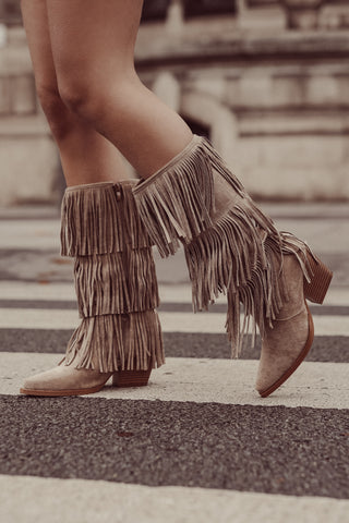 Cowboy laarzen suede met franjes khaki - Camille