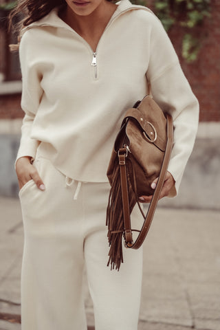 Crossbody tas suede met franjes khaki - Linnebel