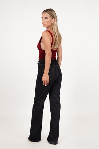 Wide leg jeans schuine knoop donker blauw - Regan