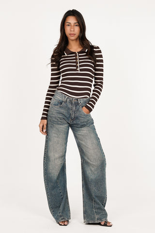 Gestreepte bodysuit met kraag beige/bruin - Lulu