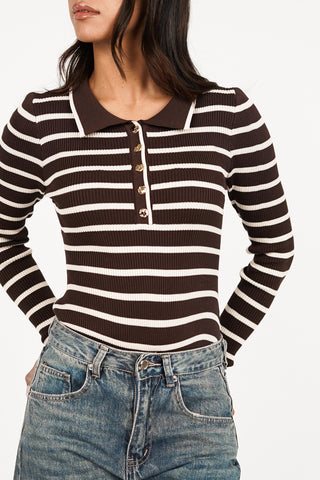 Gestreepte bodysuit met kraag beige/bruin - Lulu