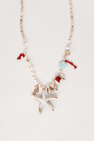 Kralenketting met zeester beige/rood - Famke