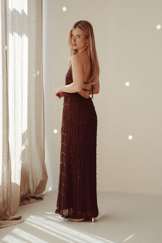 Maxi jurk met halter en open rug bruin - Romy