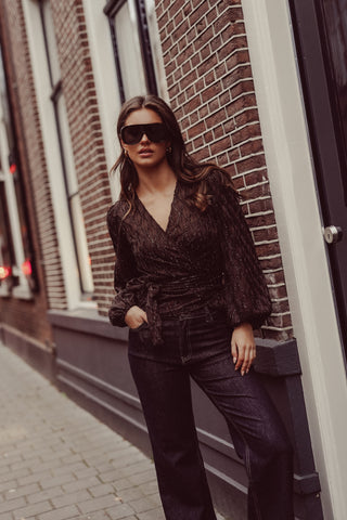 Overslag blouse met lurex bruin - Mona