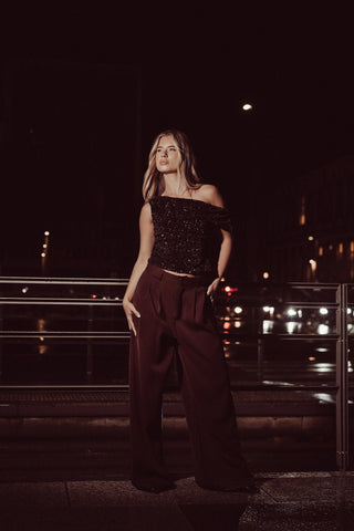 Pailletten one shoulder top bruin - Charly