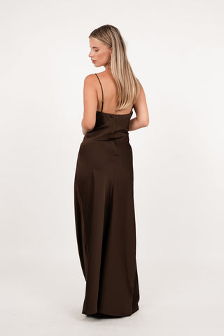 Satijnen maxi jurk bruin - Ginger