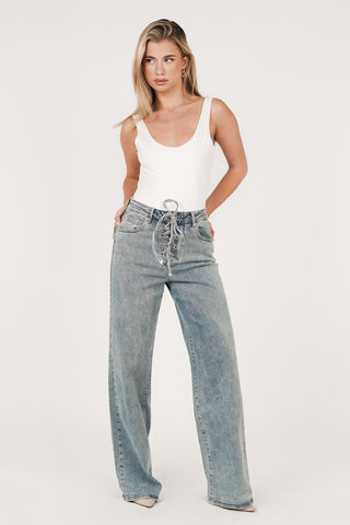 Straight leg jeans met lace up blauw - Charlie