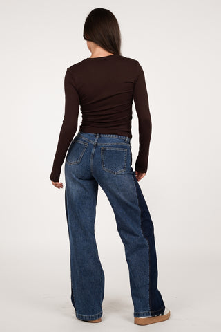 Petite straight leg jeans double denim blauw - Cleo