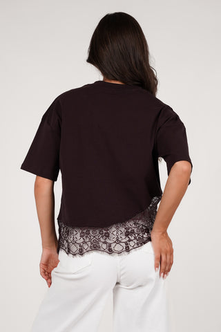 Oversized t-shirt met kanten onderzijde bruin  - Elvia
