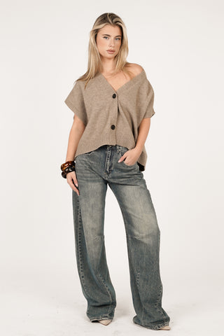 Oversized wollen gilet met knopen taupe - Rosie