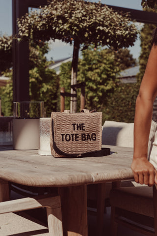 Handtas riet met zwarte crossbody beige - Sita