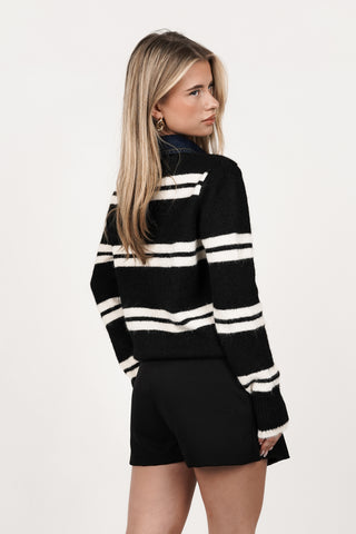 Oversized knit gestreept met denimkraag zwart - Roos