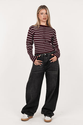 Stretch top gestreept met knoopjes bordeaux - Yasmine