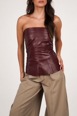 Strapless top leatherlook bordeaux - Sophia