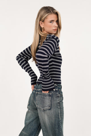 Stretch top gestreept met knoopjes donker blauw - Yasmine