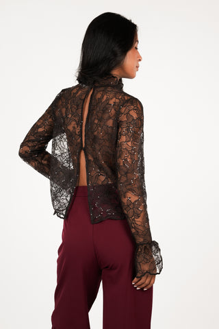 Kanten blouse doorschijnend bruin - Dunya