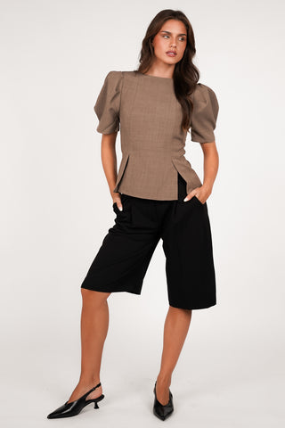 Top dames met pofmouwen taupe - Presley