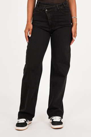 Straight leg jeans schuine knoop zwart - Jevy