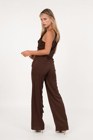 Low waist broek met knoop bruin - Chrissy