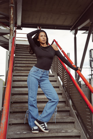 Wide leg jeans met strikjes donker blauw - Levia
