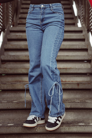 Wide leg jeans met strikjes donker blauw - Levia