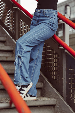 Wide leg jeans met strikjes donker blauw - Levia