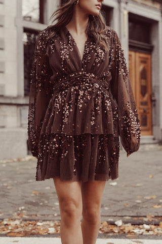 Brown pleated dress with sequins - Ziva