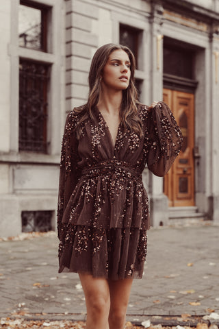 Brown pleated dress with sequins - Ziva