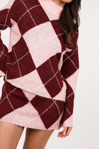 Two piece set wol met ruitjes roze - Celia