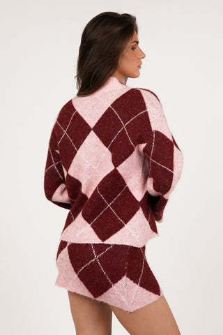 Two piece set wol met ruitjes roze - Celia