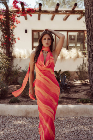 Maxi jurk met sjaal detail oranje/roze - Morgan